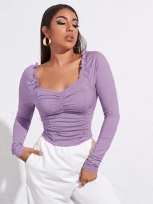 SHEIN Privé Sweetheart Neck Frill Trim Ruched Top - Lilac Purple - View 4