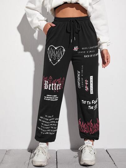 Fire & Slogan Graphic Slant Pocket Drawstring Waist Sweatpants