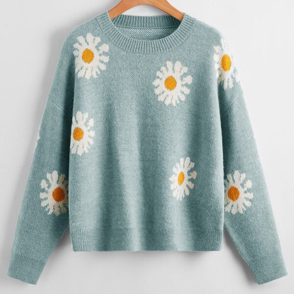 

Drop Shoulder Flower Pattern Sweater, Mint green