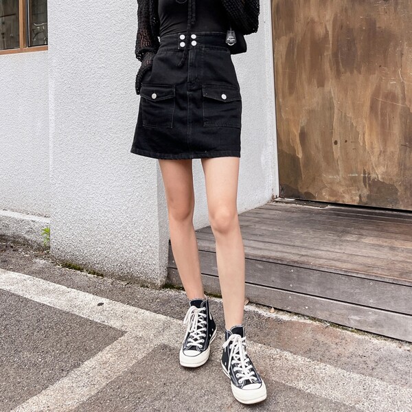 

Solid Straight Denim Skirt, Black