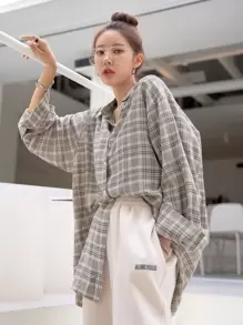DAZY Plaid Print Drop Shoulder Oversized Shirt,Long Sleeve Tops,Flannels Women,Fall Women Clothes - Multicolor - View 1