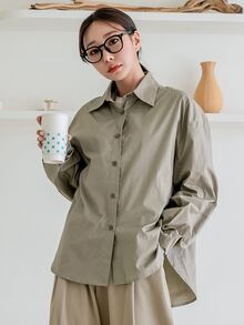DAZY 素色落肩袖前排扣超大襯衫 - 卡其色 - 查看 7