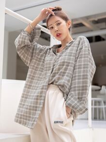 DAZY Plaid Print Drop Shoulder Oversized Shirt,Long Sleeve Tops,Flannels Women,Fall Women Clothes - Multicolor - View 3
