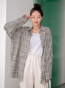 DAZY Plaid Print Drop Shoulder Oversized Shirt,Long Sleeve Tops,Flannels Women,Fall Women Clothes - Multicolor - View 4