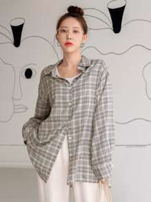 DAZY Plaid Print Drop Shoulder Oversized Shirt,Long Sleeve Tops,Flannels Women,Fall Women Clothes - Multicolor - View 6