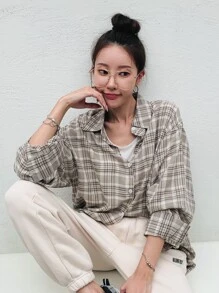 DAZY Plaid Print Drop Shoulder Oversized Shirt,Long Sleeve Tops,Flannels Women,Fall Women Clothes - Multicolor - View 7