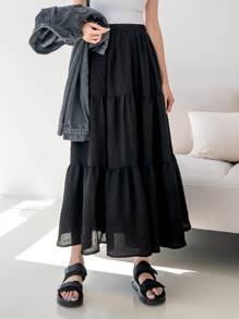 DAZY Elastic Waist Ruffle Hem Flare Skirt - Black - View 5