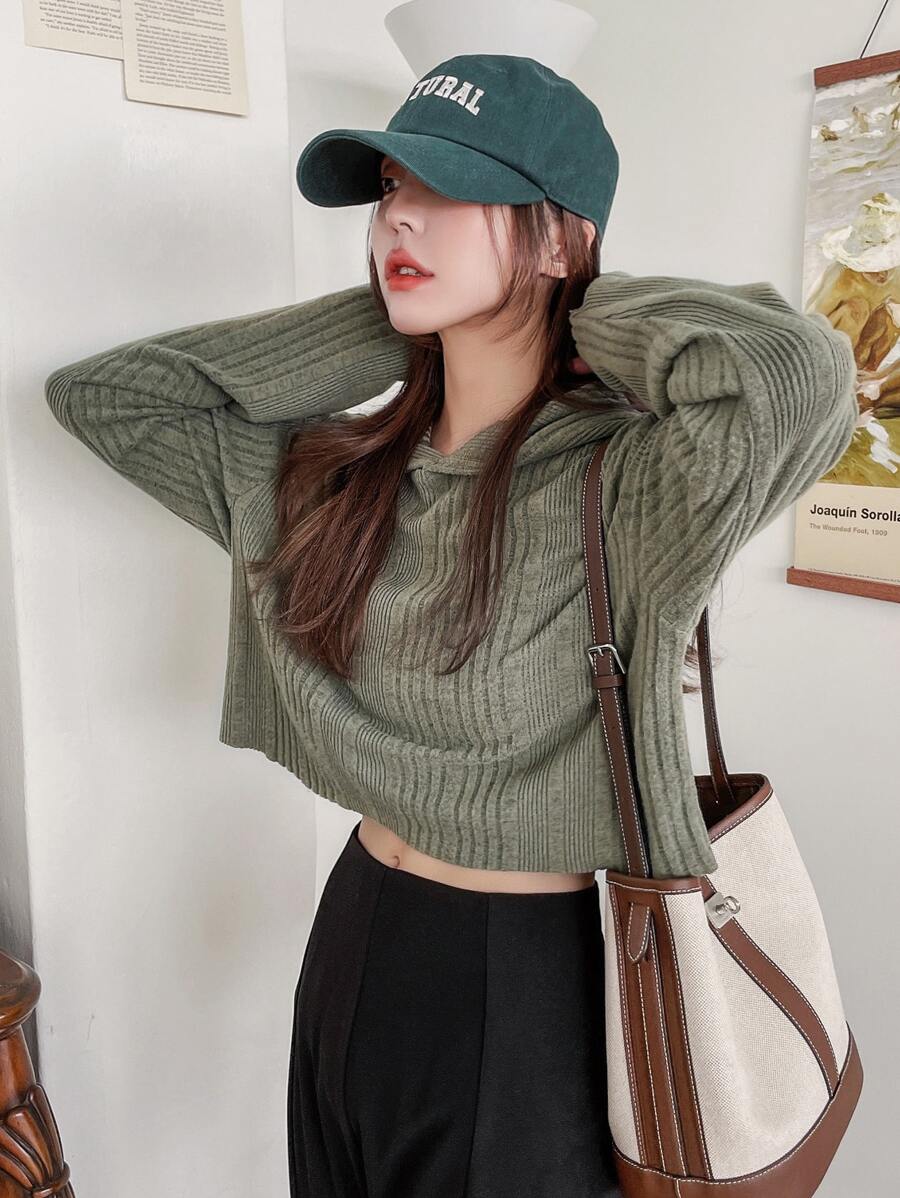 DAZY Áo len crop Đồ đan Ribbed Thả vai - xanh quân đội - Xem 1