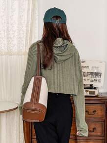 DAZY Áo len crop Đồ đan Ribbed Thả vai - xanh quân đội - Xem 2