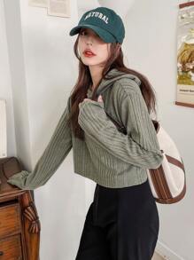 DAZY Áo len crop Đồ đan Ribbed Thả vai - xanh quân đội - Xem 3