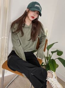 DAZY Áo len crop Đồ đan Ribbed Thả vai - xanh quân đội - Xem 5