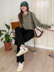 DAZY Áo len crop Đồ đan Ribbed Thả vai - xanh quân đội - Xem 6