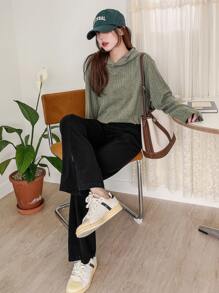 DAZY Áo len crop Đồ đan Ribbed Thả vai - xanh quân đội - Xem 7