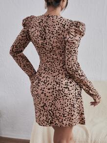 SHEIN Privé 滿版印花羊腿袖荷葉邊連衣裙 - 彩色 - 查看 2