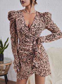 SHEIN Privé 滿版印花羊腿袖荷葉邊連衣裙 - 彩色 - 查看 5