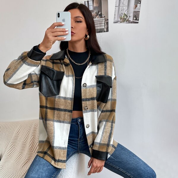 

Plaid Print Drop Shoulder Flap Pocket Overcoat, Multicolor