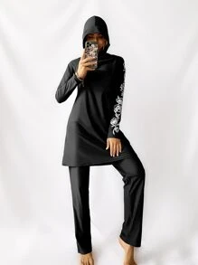 Swim Mulvari 夏季海滩花卉印花布基尼套装长袖连帽长线泳衣和裤子 2 件全罩式泳衣阿拉伯服装 - 黑色 - 查看 1