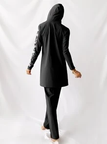 Swim Mulvari 夏季海滩花卉印花布基尼套装长袖连帽长线泳衣和裤子 2 件全罩式泳衣阿拉伯服装 - 黑色 - 查看 2