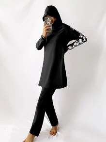 Swim Mulvari 夏季海滩花卉印花布基尼套装长袖连帽长线泳衣和裤子 2 件全罩式泳衣阿拉伯服装 - 黑色 - 查看 4