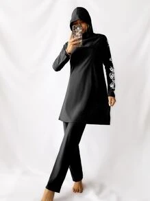 Swim Mulvari 夏季海滩花卉印花布基尼套装长袖连帽长线泳衣和裤子 2 件全罩式泳衣阿拉伯服装 - 黑色 - 查看 5