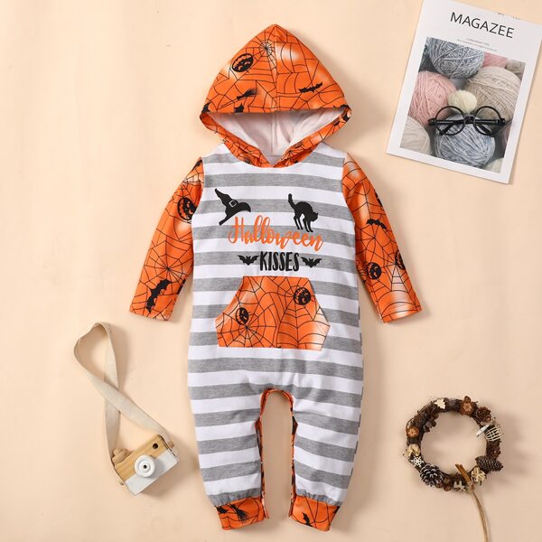 

Baby Striped & Halloween Print Hooded Jumpsuit, Apricot