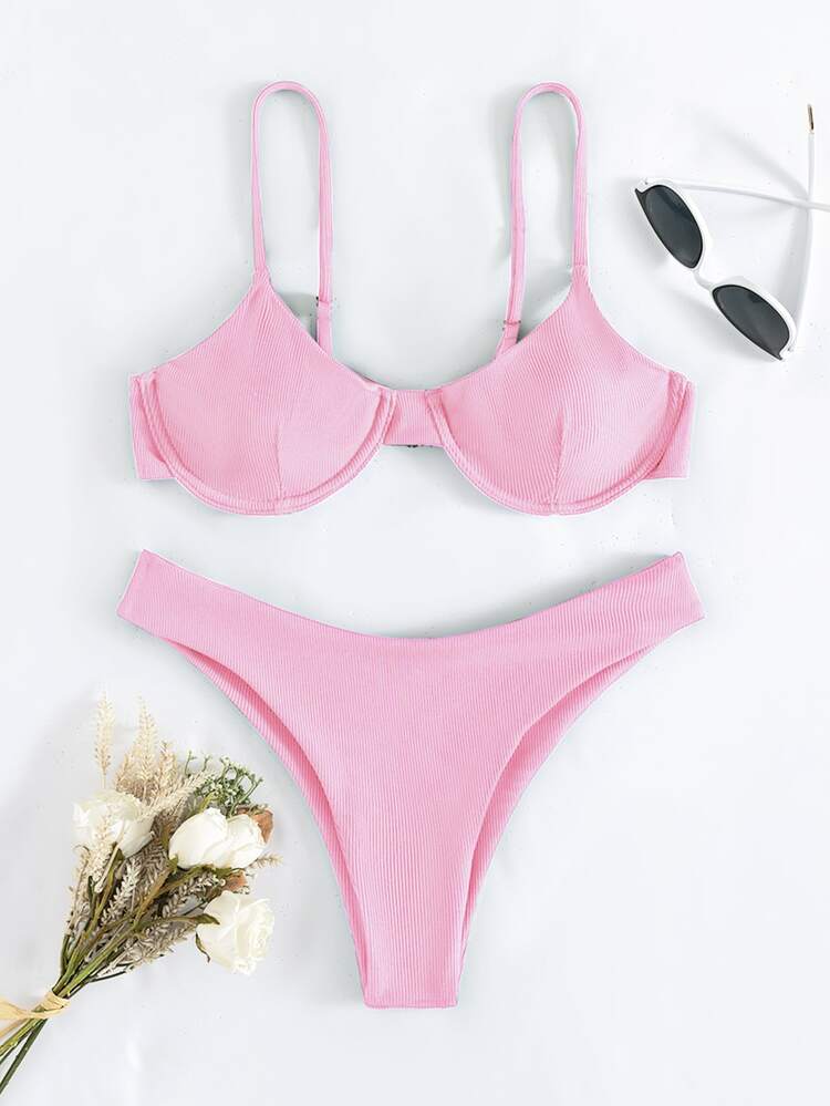 Rib Underwire Bikini For Summer Beach Vacation - Coral Pink - View 1