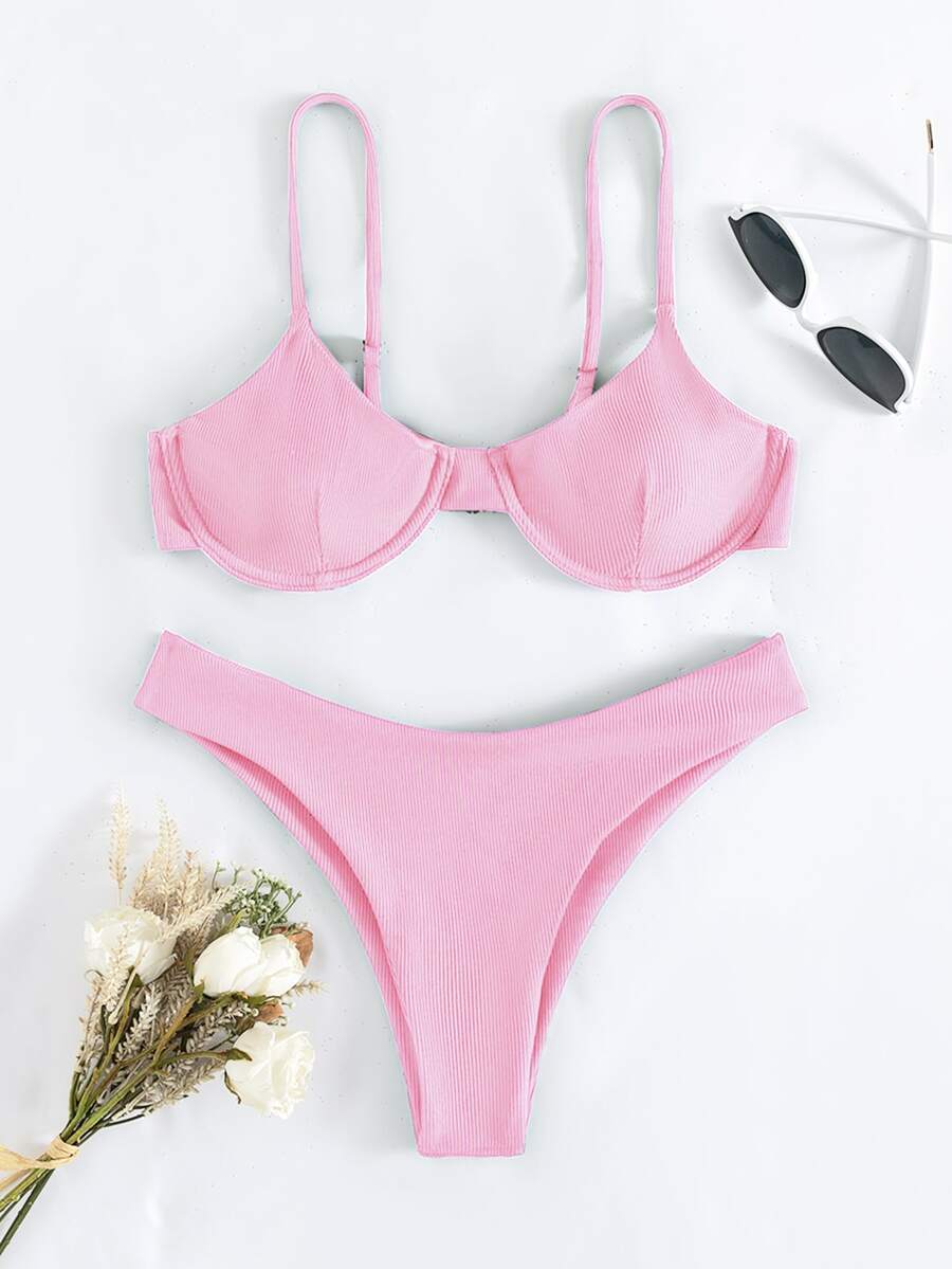 Rib Underwire Bikini For Summer Beach Vacation - Coral Pink - View 1