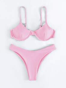 Rib Underwire Bikini For Summer Beach Vacation - Coral Pink - View 3