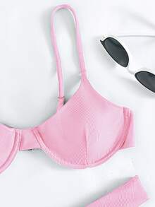 Rib Underwire Bikini For Summer Beach Vacation - Coral Pink - View 4