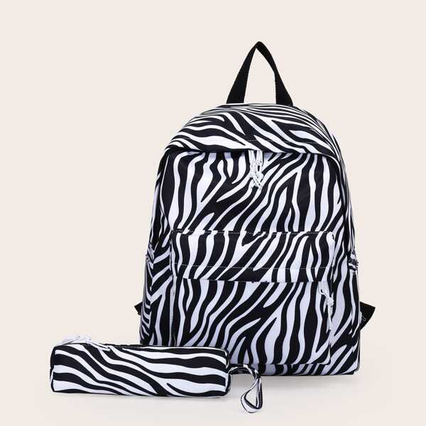 

Zebra Stripe Pattern Backpack With Small Bag, White