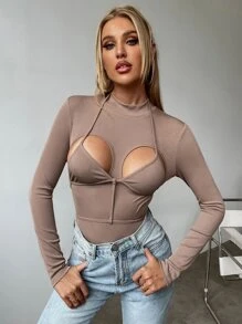 Ribbed Knit Cut Out Tie Back Bodysuit - Apricot - View 4