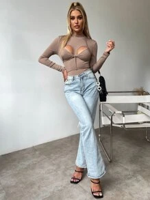 Ribbed Knit Cut Out Tie Back Bodysuit - Apricot - View 5