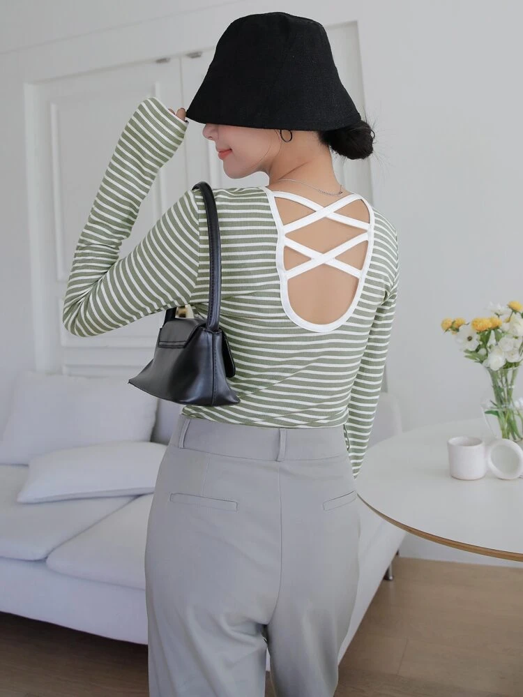 Striped Cut Out Crisscross Back Tee,Fall Clothes Long Sleeve Women Tops