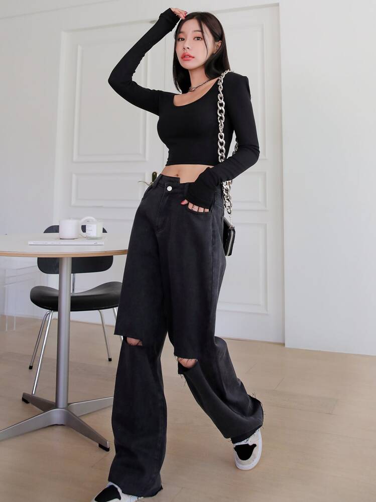 DAZY Jeans Vaqueros De Novio Rasgados En La Rodilla Con Cintura Escalonada - Negro - Añade 1