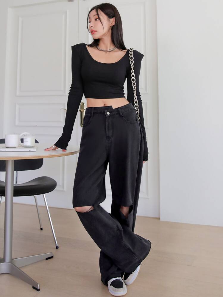 DAZY Jeans Vaqueros De Novio Rasgados En La Rodilla Con Cintura Escalonada - Negro - Añade 6