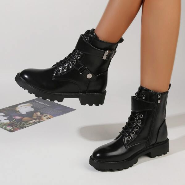 

Buckle Detail Lace-up Front Chunky Combat Boots, Black