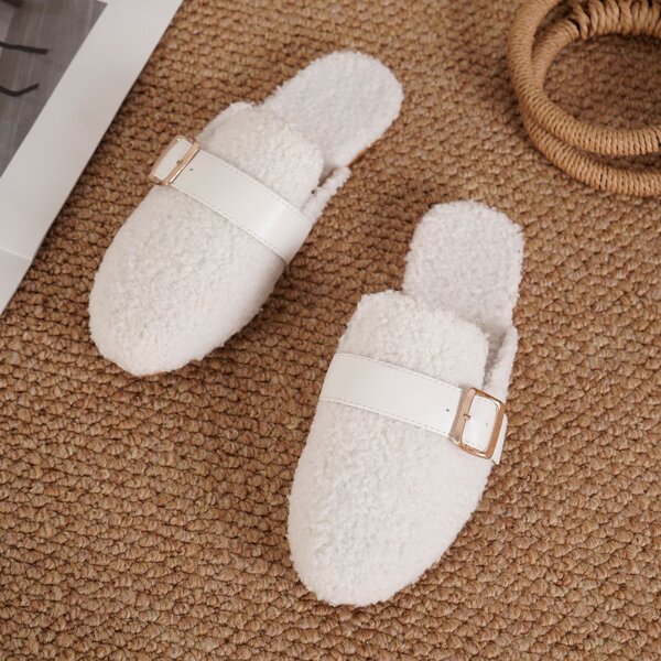 

Fluffy Buckle Detail Flat Mules, White
