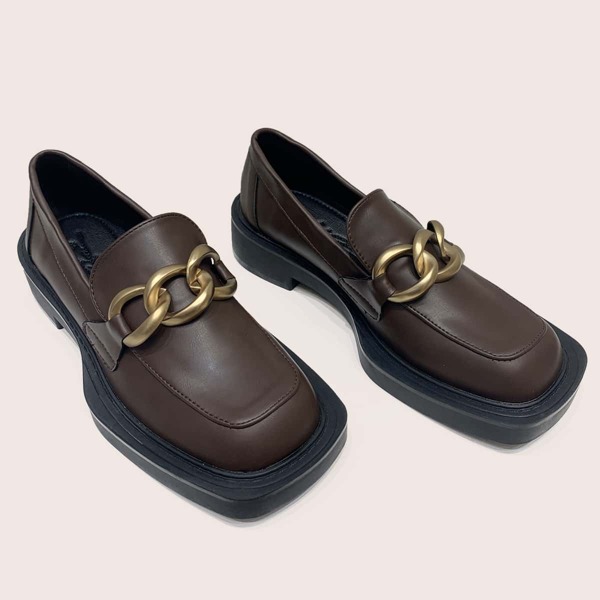 

Chain Decor Square Toe Loafers, Chocolate brown