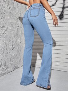 SHEIN Essnce High Waist Split Hem Jeans - Light Wash - View 2