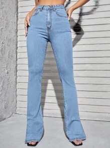 SHEIN Essnce High Waist Split Hem Jeans - Light Wash - View 3