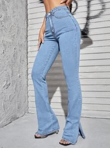 SHEIN Essnce High Waist Split Hem Jeans - Light Wash - View 4