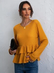 SHEIN LUNE 雙華夫格編織層疊下擺T恤 - 芥末黃 - 查看 4