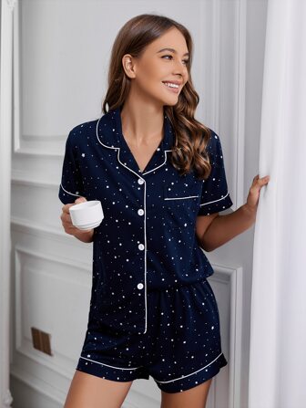 星星印花撞色滚边衬衫和短裤睡衣套装 / 睡衣套装