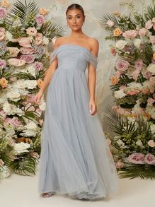SHEIN Belle Off Shoulder Mesh Bridesmaid Dress - Dusty Blue - View 1