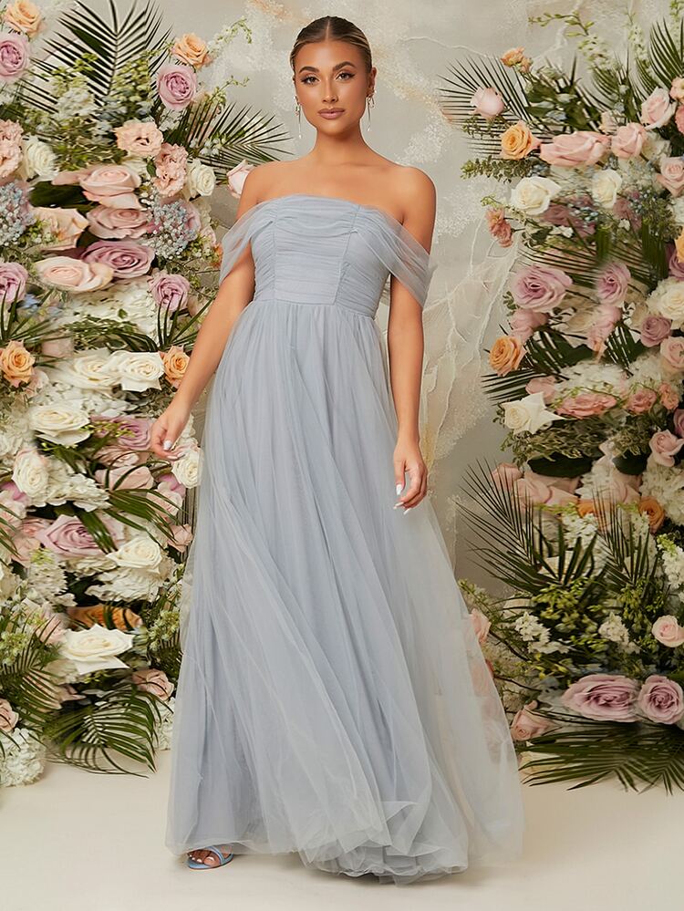 SHEIN Belle Off Shoulder Mesh Bridesmaid Dress - Dusty Blue - View 1