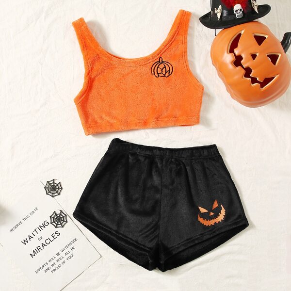 

Halloween Embroidery Flannel Tank Top & Shorts PJ Set, Multicolor