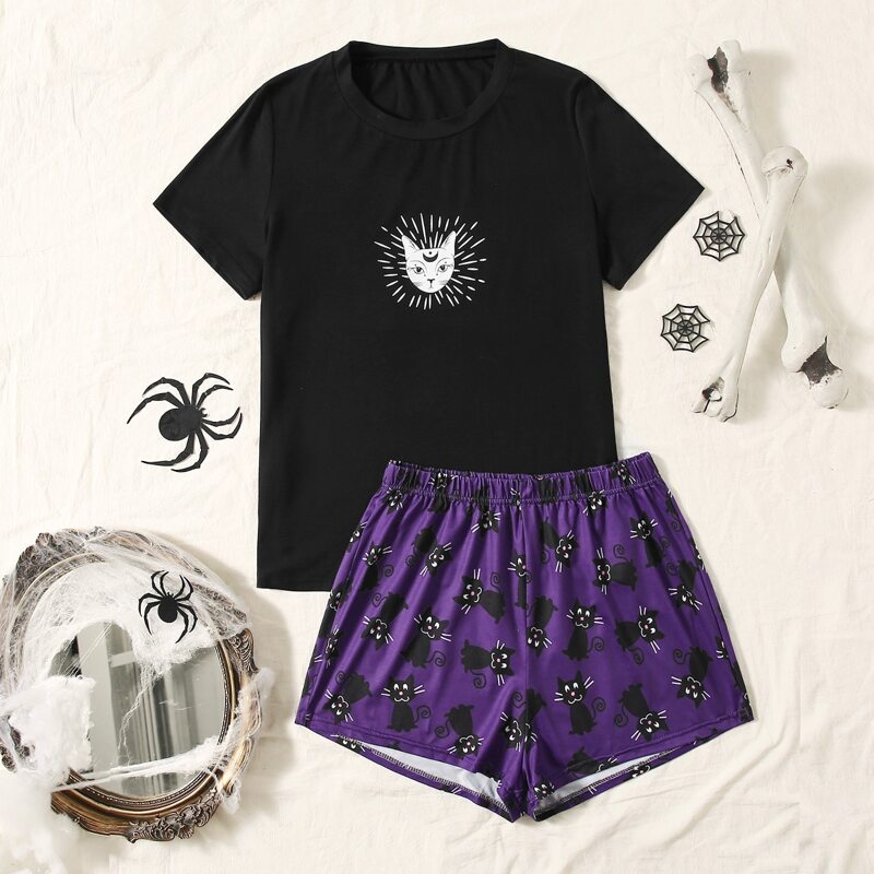 

Cartoon Cat Print Tee & Shorts PJ Set, Multicolor