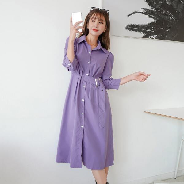 

Puff Sleeve Button Front Belted Shirt Dress, Lilac purple