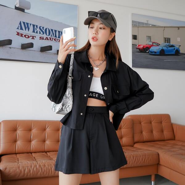

Drop Shoulder Flap Detail Jacket & Shorts, Black