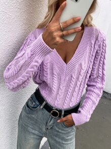 麻花編織V領套頭毛衣